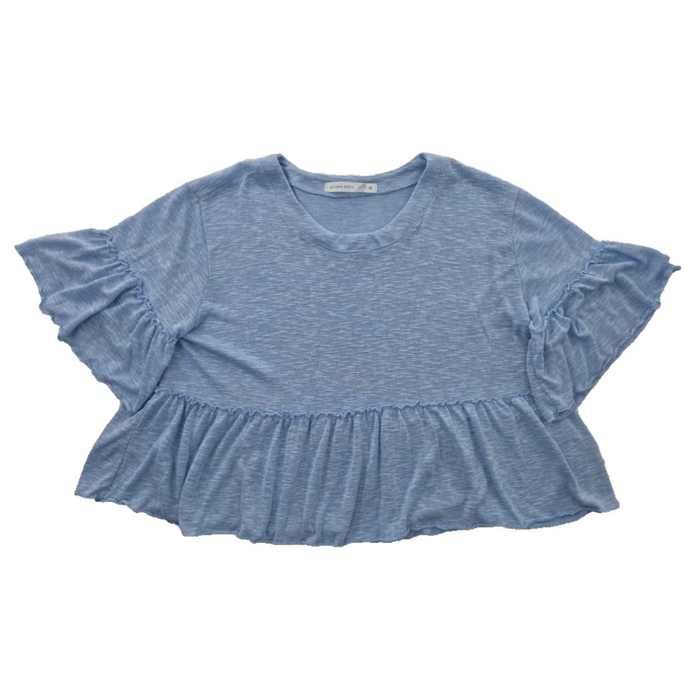 Altar'd State Flutter Sleeve Peplum Blouse Womens XL Blue Slubby‎ Rayon Blend